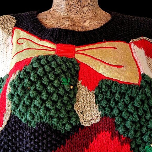 Vtg 80s 90s Hand-Knit Ugly Christmas Sweater With Santa Claus & Festive Design - Picture 5 of 16
